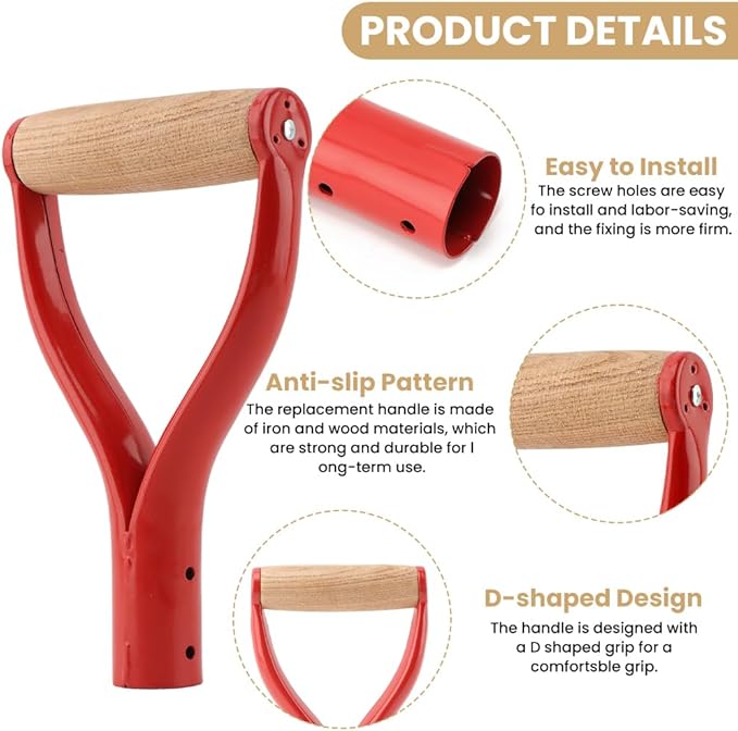 Shovel D Grip Handle, 32mm Inner Diameter Metal Shovel Replacement Handle with Wooden Grip Spade Snow Scoop Digging Raking Tools Snow Shove-l for Digging Raking (red)