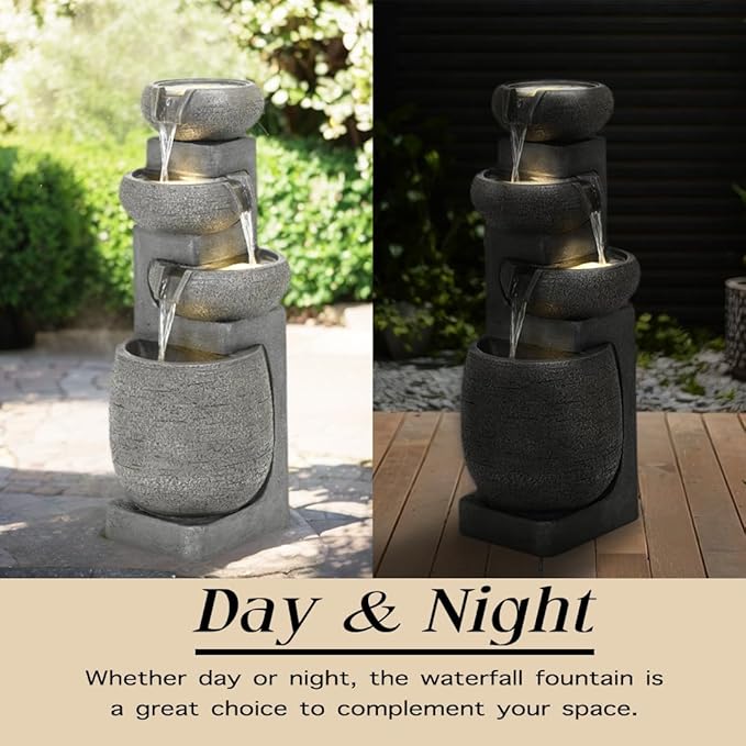 36in Waterfall Fountain Outdoor - 4 Tier Cascading Bowls and Stacked Stones with LED Lights, Outdoor Water Fountain for Garden Porch Backyard Patio,Grey (Gray, 12 * 36")