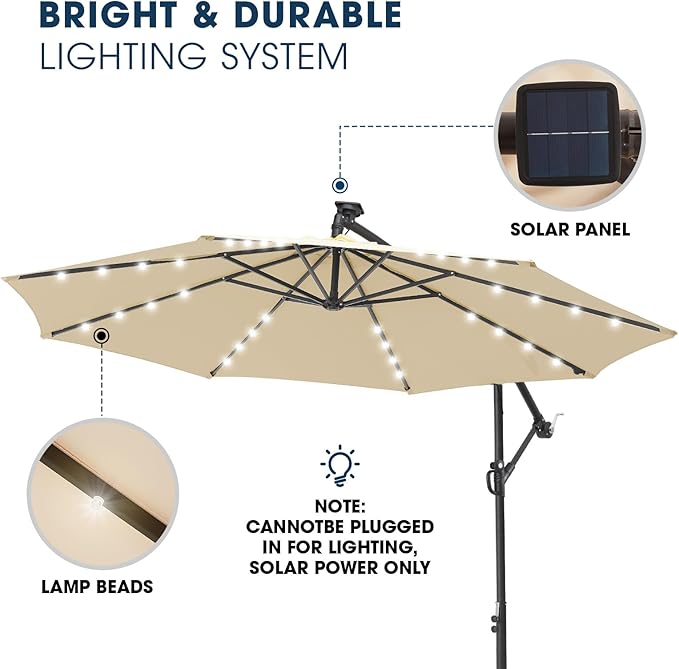 wikiwiki 10ft Solar LED Offset Patio Umbrella, Outdoor Cantilever Patio Umbrellas with Solor Lights for Backyard, Poolside and Garden, Easy Tilt Adjustment, 32 LED Lights & Polyester Shade, Beige