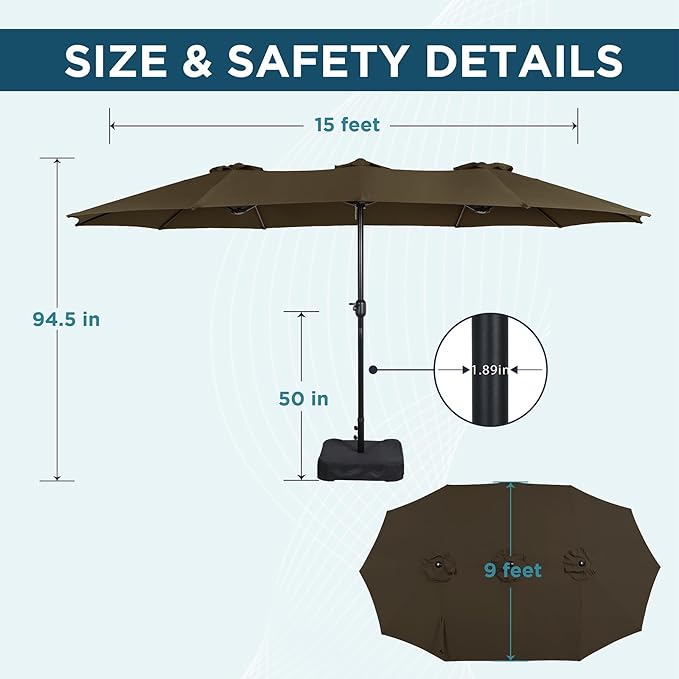 15FT Extra Large Patio Umbrella with Base Included, Heavy Duty Rectangle Outdoor Market Umbrella with 12 Strong Ribs for Patio, Garden, Lawn, Deck & Pool