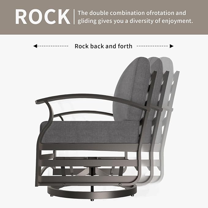 Gotland Outdoor Aluminum Patio Furniture Set with Fire Pit Table, 7 Pieces Metal Patio Furniture with 2 Swivel Rocking Chairs 11 Seats Waterproof 5.1'' Seat Cushions, for Garden Balcony Porch Gray