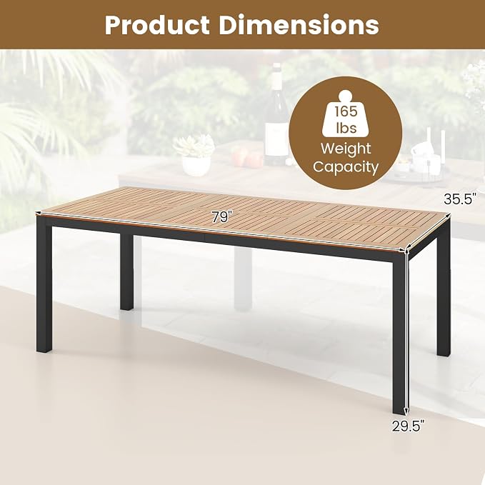 HAPPYGRILL Patio Dining Table for 8, 79" Large Rectangle Table with Acacia Wood Tabletop & Heavy Duty Metal Frame, Outdoor Dining Table with 2" Umbrella Hole for Backyard, Lawn & Garden