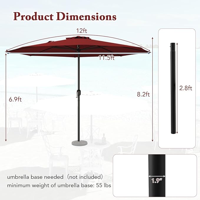 12FT Patio Umbrella, Outdoor Table Umbrella with Crank Handle, 8 Sturdy Ribs, Sun-protection & Waterproof Canopy, Top Air Vent, Market Umbrella for Garden, Lawn, Deck, Backyard, Poolside