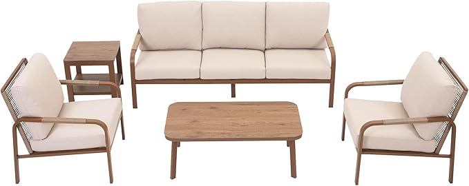 5-Piece Outdoor Patio Furniture Set, Aluminum Frame with Side Table, Hand-Woven Rattan Design, Waterproof Fabric, Ideal for Patio, Deck, and Porch, Beige