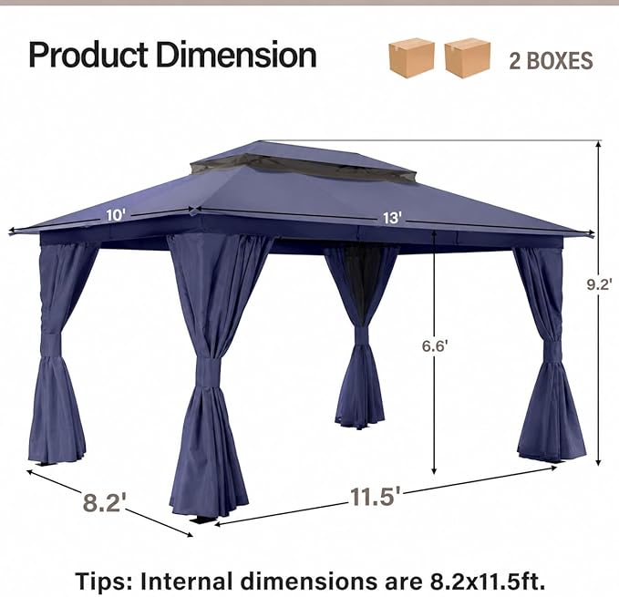 LAUSAINT HOME Patio Gazebo 10'x13', Outdoor Heavy Duty Party Tent Shelter with Double Roofs, Mosquito Nettings and Privacy Screens for Backyard, Garden, Lawn, Navy Blue