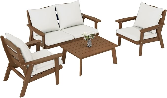 FOOWIN 4-Piece Patio Furniture Set, HDPE All-Weather Outdoor Conversation Set with Thick Cushions, Sectional Patio Sofa Furniture for Deck, Porch, Lawn, Garden, Brown Frame & White Cushion