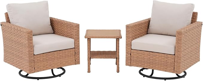 SUNSITT 3-Pieces Patio Furniture Set, Outdoor Wicker Swivel Rocker Chairs with Wood Top Side Table & Thick Comfy Cushions, for Porch, Balcony, Deck, Natural Rattan Color