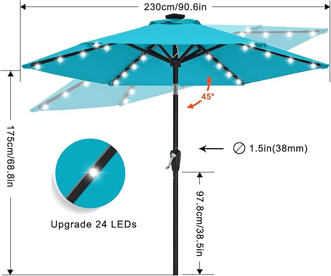 ABCCANOPY Durable Solar Led Patio Umbrellas with 24LED Lights 7.5FT (Turquoise)