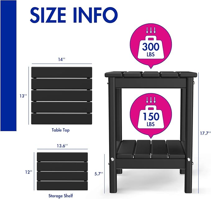 BRIOPAWS Outdoor-Side-Tables | Set of 4 | Small | HDPE Plastic | Patio End-Table | 2-Shelf Adirondack Outside Tables | All Weather | for Poolside Front Porch Indoor Living Room | 14" x 13" | Black