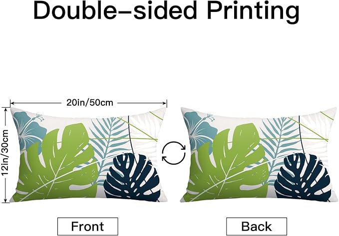 OTOSTAR Outdoor Waterproof Throw Pillow Covers 12x20 Inch Set of 2 Double-Sided Light Green Blue Tropical Leaf and Flower Spring Summer Decorative Pillow Cases for Patio Funiture Garden Balcony Couch