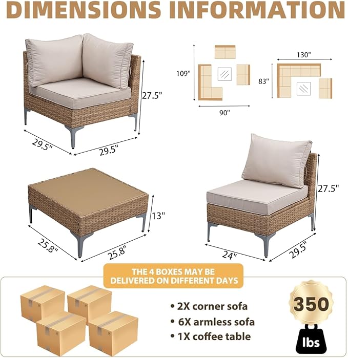 Jing's Villa 9-Piece Outdoor Patio Furniture Set, All-Weather Wicker Sectional Sofa with Coffee Table & Thick Anti-Slip Cushions for Backyard,Lounge,Garden,Deck, Beige