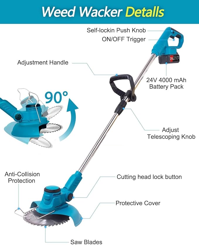 Cordless Weed Wacker, Electric Weed Eater Battery Powered with 2 x 4.0Ah Batteries & Charger, Brushless Lightweight Grass Trimmer/Brush Cutter for Yard Garden (Black)