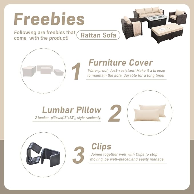 Patio Furniture Set 6-Piece Outdoor Furniture Set with 45'' Propane Gas Fire Pit Table Outdoor Conversation Set Wicker Sofa Set Non-Slip Cushions Waterproof Covers, Khaki