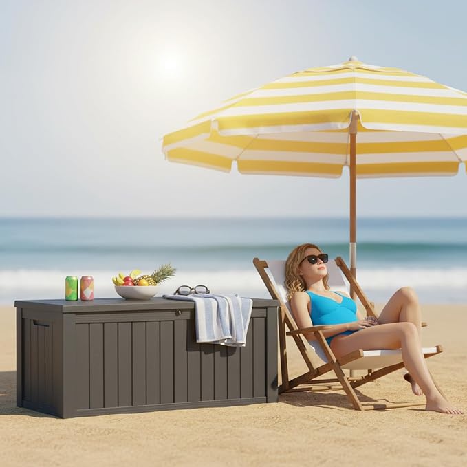 MAKINO 152 Gallon Resin Outdoor Storage Box, Waterproof Deck Box with Lockable Lid, Outside Storage Box for Patio Furniture, Pool Accessories, Garden Tools, Storage Bench for Backyard, Porch, Black
