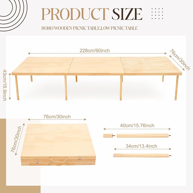 Leinuosen 90"x30" Boho Wooden Picnic Table, Portable Folding Outdoor Low Picnic Table with Adjustable Legs Height 13'' & 16'' for Floor Seating, Beach, Camping, BBQ, Backyard, Seating for 8-10 People