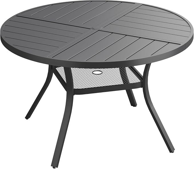 40.6" Outdoor Dining Table with Adjustable Umbrella Hole, Metal Slatted Round Patio Dining Table for Backyard Garden Deck, Black