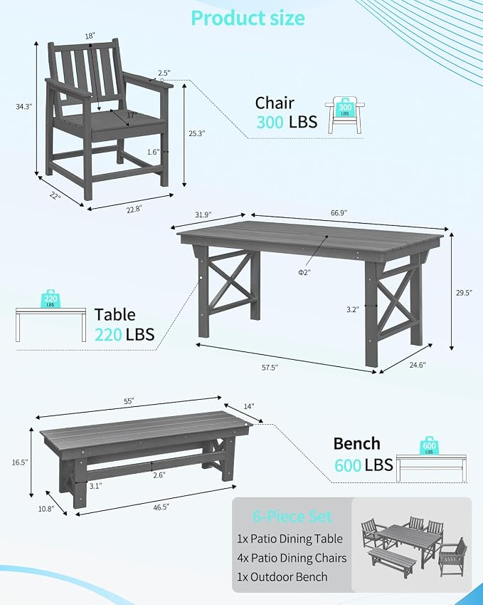 HDPE Outdoor Dining Set for 6, Patio Dining Furniture Set with Umbrella Hole Cut-Out Table and 1 Bench and 4 Chairs, All Weather Outdoor Dining Bench Sets, Gray