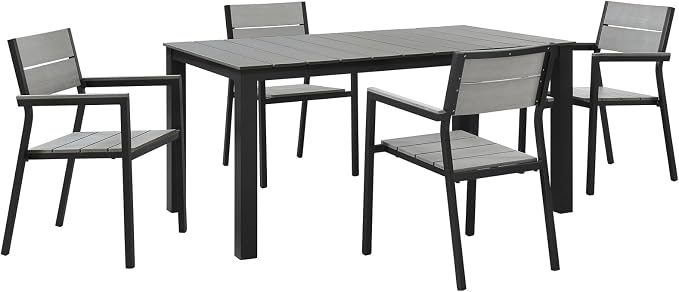 Modway Maine Aluminum 5-Piece Outdoor Patio Dining Set with 63" Dining Table and Four Dining Armchairs in Brown Gray