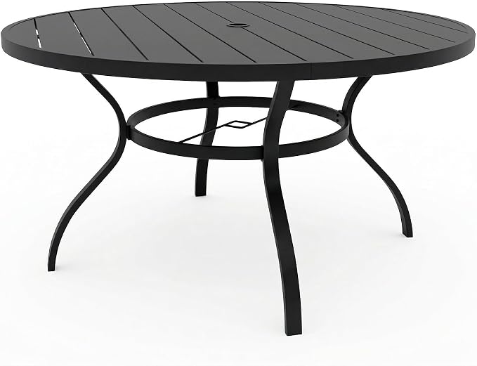 Patio Dining Table, 53" x 53" Outdoor Round Metal Table with1.57 Umbrella Hole, for Backyards, Porches, Gardens or Poolside, Black