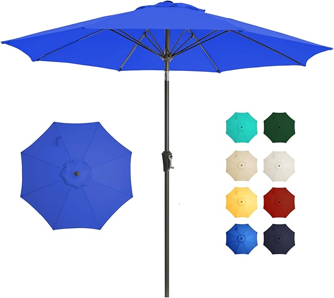 9FT Outdoor Patio Umbrella Outdoor pool Umbrella with Push Button Tilt and Crank, Market Umbrella 8 Sturdy Ribs UV Protection for Garden, Deck, Backyard (Royal Blue)