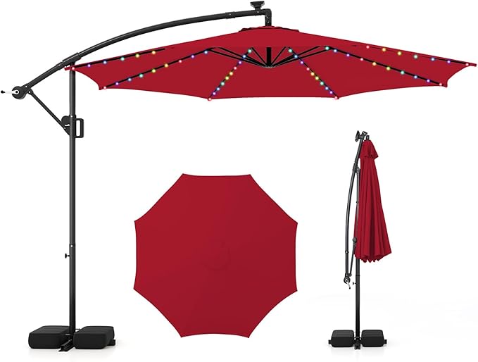 HAPPYGRILL 10 FT Offset Hanging Umbrella with Multi-Colored Flowing LED Lights, 9 Light Modes, Outdoor Patio Cantilever Umbrella with Base, Easy Tilt, 360° Rotation, Crank