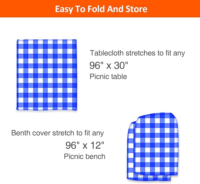 KENOBEE 8ft Picnic Table and Bench Cover, Camping Essentials RV Gear, 96 in Waterproof Windproof Outdoor Elastic All Around Tablecloth, Fitted Rectangle Tables and Seats, Blue-White Checkered