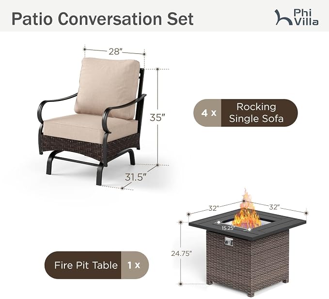 Patio Furniture Set with 32" Fire Pit Table, Patio Conversation Sets 4 Rocking Chairs with Thick Cushion and 50000 BTU Fire Pit Table (5 Pieces,Beige)