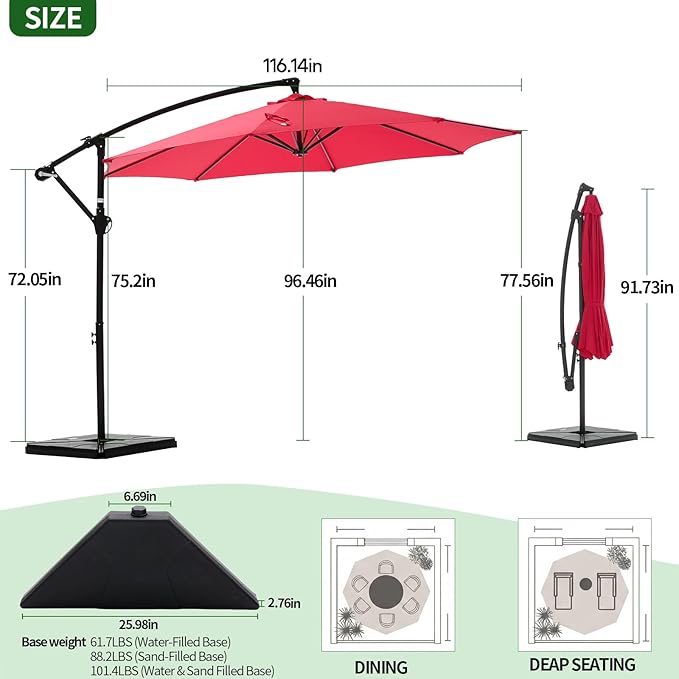10FT Patio Umbrella, Offset Cantilever Outdoor Patio Table Umbrella, UV Protection, Fade Resistant Fabric, Easy Tilt Adjustment for Pool, Deck, Garden, Backyard