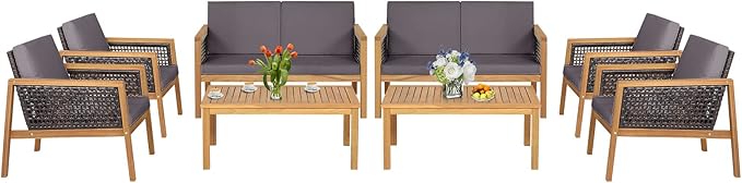 8 Pieces Outdoor Acacia Wood Furniture Set, Outdoor PE Wicker Conversation Set with Coffee Table and Soft Cushions, Outdoor Sofa Set for Garden, Poolside and Backyard (2, Grey)