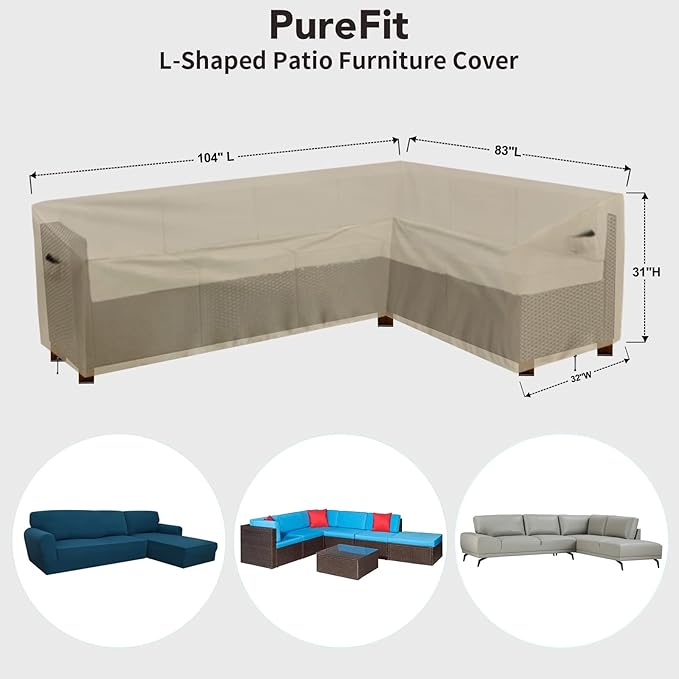 PureFit Outdoor Sectional Sofa Cover Waterproof L Shaped Patio Furniture Covers for Deck, Lawn and Backyard, 104”x83” Right Facing, Camel