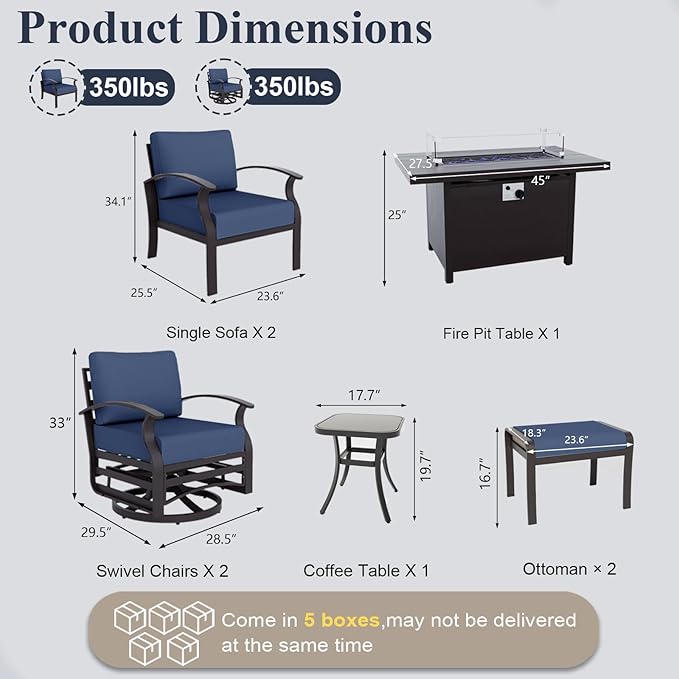 ALAULM Aluminum Patio Furniture Set with Propane Fire Pit Table 6-seat Metal Outdoor Furniture w/Swivel Chairs Patio Sectional Sofas w/5.1" Cushions for Patio, Backyard, Poolside-DarkBlue