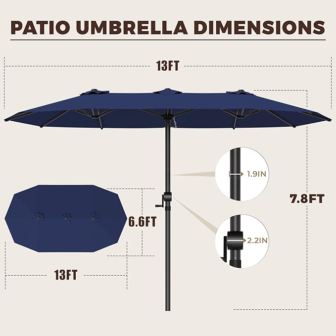 GDPFN 13FT Large Patio Umbrella, Outdoor Deck Standing Umbrella with Crank Handle, Double-Side Rectangular Pool Umbrella for Outside, Market, Patio, Navy Blue (Base Not Include)