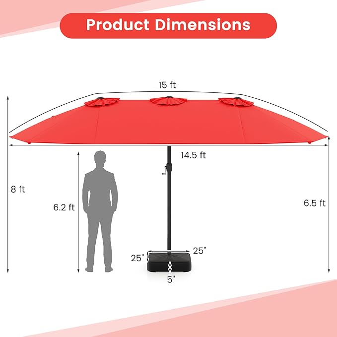 Tangkula 15FT Double-Sided Patio Umbrella with Base, Extra-Large Market Umbrella W/Crank System, Outdoor Twin Umbrella W/ 12-Rib Metal Structure & Air Vents for Garden, Backyard, Poolside
