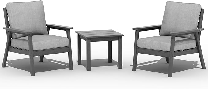 LOUNZY HDPE Patio Furinture Set, 3 Piece Sectional Sofa Outdoor Furniture Set, All Weather Outdoor Couch Set Patio Conversation Set for Deck, Lawn, Grey