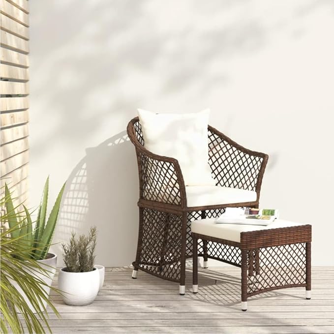 2 Piece Patio Lounge Set of Round Brown and White Poly Rattan Chairs with Steel Frame 16.9 x 16.5 x 14.4 in Small Outdoor Furniture for Balcony Garden Apartment Porch