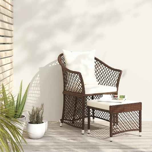 2 Piece Patio Lounge Set of Round Brown and White Poly Rattan Chairs with Steel Frame 16.9 x 16.5 x 14.4 in Small Outdoor Furniture for Balcony Garden Apartment Porch