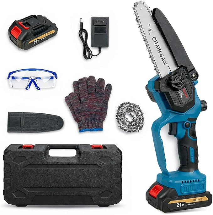 6 Inch Mini Chainsaw Cordless with 2 Batteries and 2 Chains, Portable Electric Chainsaw Handheld Small Battery Powered Chainsaw for Tree Trimming, Wood Cutting, Garden Pruning