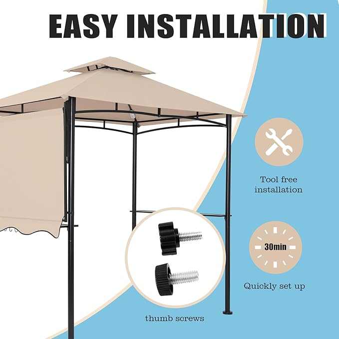 FAB BASED 5x8 Grill Gazebo with Extra Awning, All-Weather Steel Construction, Double Tiered & Resistant Canopy Roof, Metal Serving Shelves, 2 LED, Bottle Opener for Patio, Backyard, BBQ (Khaki)