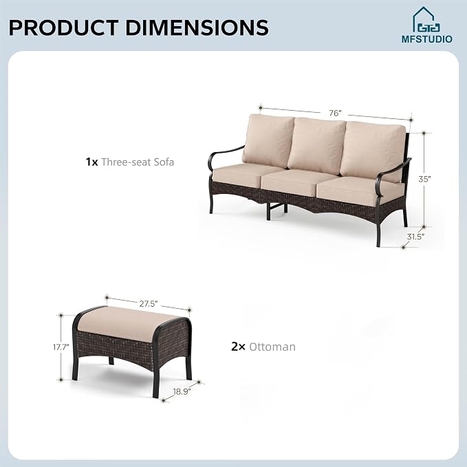 MFSTUDIO Outdoor Patio Furniture Set, Rattan Wicker Patio Sectional, Metal Outdoor Conversation Set with 3-Seat Sofa, 2 x Ottoman