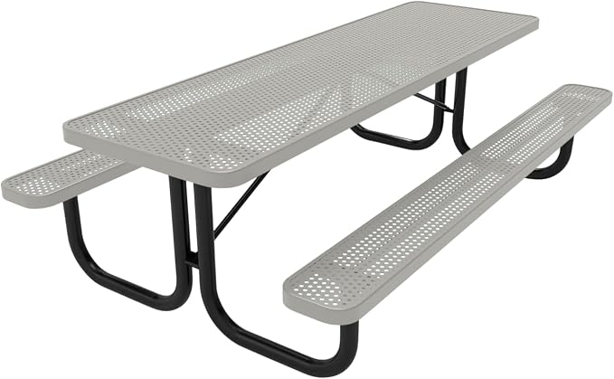 COATEDOUTDOORFURNITURE Heavy-Duty Portable Outdoor Picnic Table, Thermoplastic Coated Punched Steel Commercial-Grade Patio Dining Furniture Made in America (8ft Rectangular, Textured Grey)