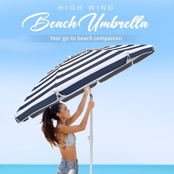 AMMSUN 6.5ft Portable Beach Umbrella for Sand with air vent Tilt Pole, Carry Bag UV 50+ Protection Outdoor Umbrellas Windproof for Patio Garden Beach Pool Backyard Navy Stripe