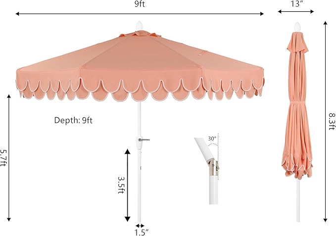 JONATHAN Y Tracy 9 ft. Outdoor Patio Umbrella with Scalloped Edge, Coastal Market Table Umbrella with Crank Lift and Tilt, 8 Sturdy Ribs UV Resistant for Pool, Coral Pink, White Pole UMB1002H