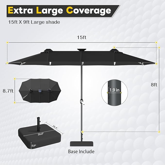 AECOJOY 15ft Patio Umbrella with Solar Lights, Double-Sided Outdoor Market Umbrella with Base Included, Large Pool Umbrella with 156 LED Lights, Crank Lift for Market Deck Backyard, Black(1.9" Pole)