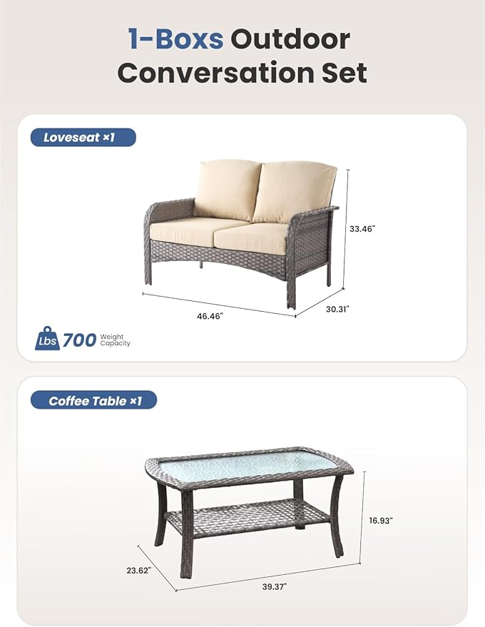 2-Piece Outdoor Patio Furniture Set with Coffee Table, Outdoor Conversation Wicker Sofa with Thickened Cushions, Rattan Couch for Deck Yard Poolside, Beige