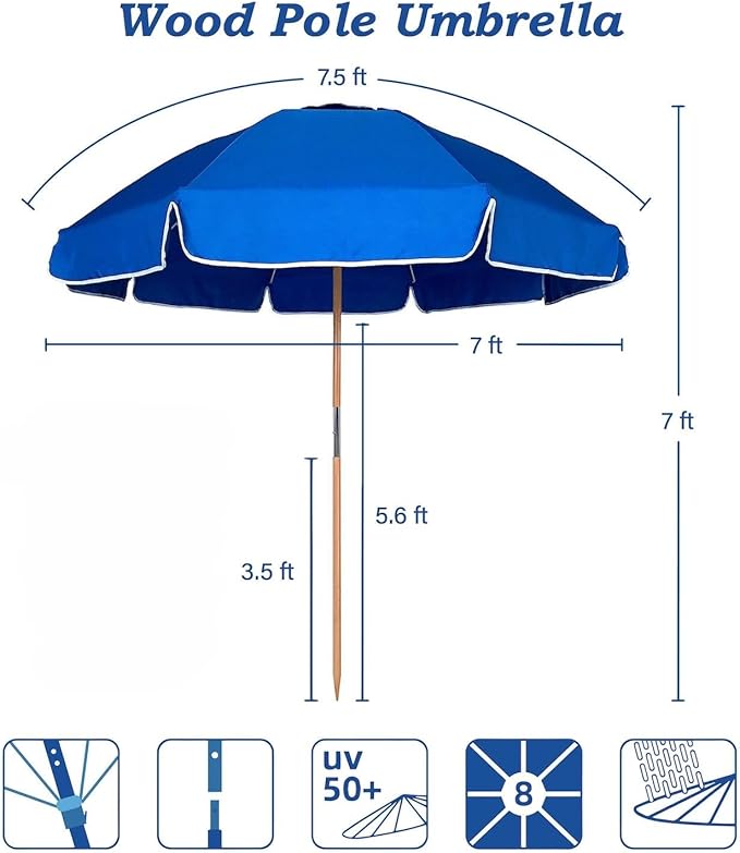 7.5FT Heavy Duty Beach Umbrella with Air Vent, Wood-Look Pole, Carry Bag, UPF50+ Superior Sun Protection, Blue Version