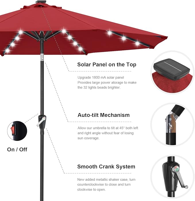 ABCCANOPY Durable Solar Led Patio Umbrellas with 32LED Lights 9FT (Burgundy)