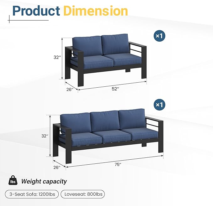 Outdoor Conversation Sets, Aluminum Patio Couch with Propane Fire Pit Table, All-Weather Patio Couch with 5" Thick Soft Cushion and 43'' Firepit Table, Outdoor Sofa Sets for Balcony, Porch, Dark Blue