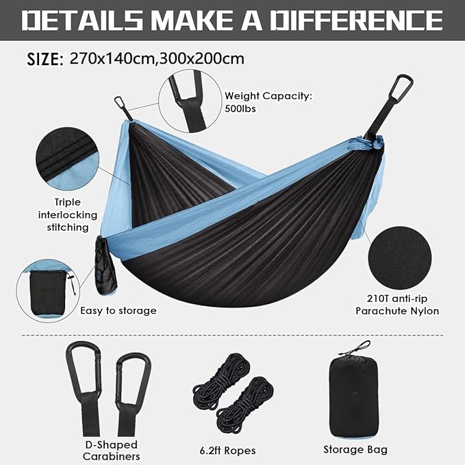 Travel Double Hammock Swing, Portable Camping Hammock with Straps and Carabiner, Lightweight Nylon Parachute Hammocks, for Beach Patio Hiking (Color : A, Size : 270x140cm)