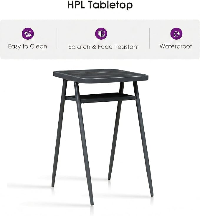 PURPLE LEAF Outdoor Aluminum Counter Height Bistro Stool Table with Waterproof Top for Balcony Dark Grey
