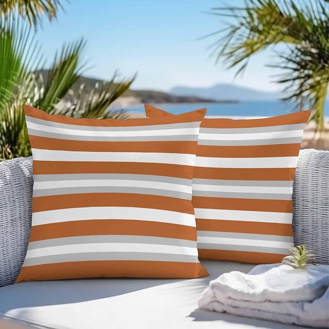 Throw Pillow Covers 26x26 Inch Set of 2, Burnt Orange Grey Stripe Waterproof Outdoor Pillow Covers, Minimalist Farmhouse Striped Decorative Cushion Pillowcases for Couch, Sofa, Bed, Garden, Patio